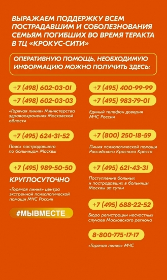Общероссийская акция взаимопомощи #МЫВМЕСТЕ запустила линию по сбору средств для помощи пострадавшим в теракте